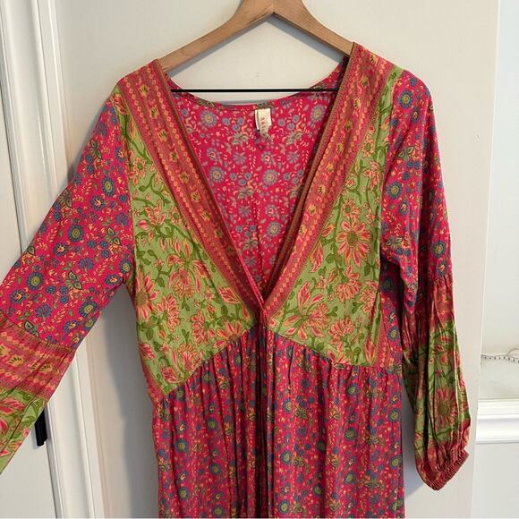Anthropologie Raga Pink Green Floral Long Sleeve Boho Tassel Maxi Dress Sexy S - Picture 7 of 12
